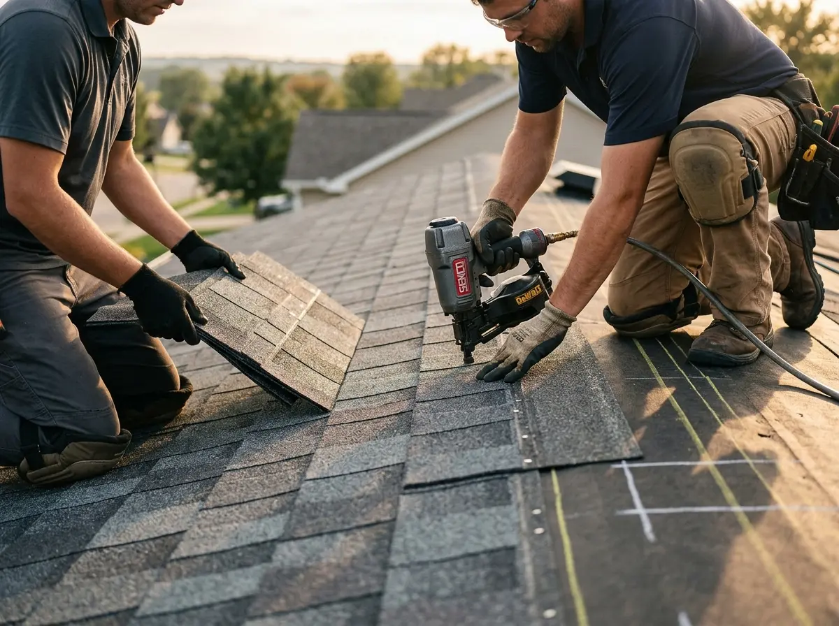 Professional roofer working on a residential roof in Bay City
